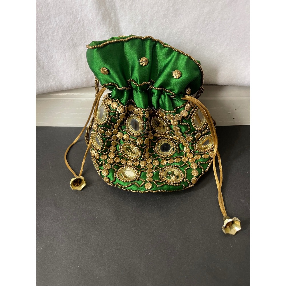 Vintage Indian Potli Bag Green Satin Gold Bead Mirror Shisha Drawstring Pouch